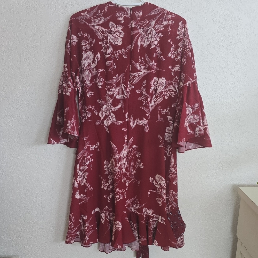 French Connection Wine Red Floral Wrap Dress with Ruffle Detail - Picture 3 of 6